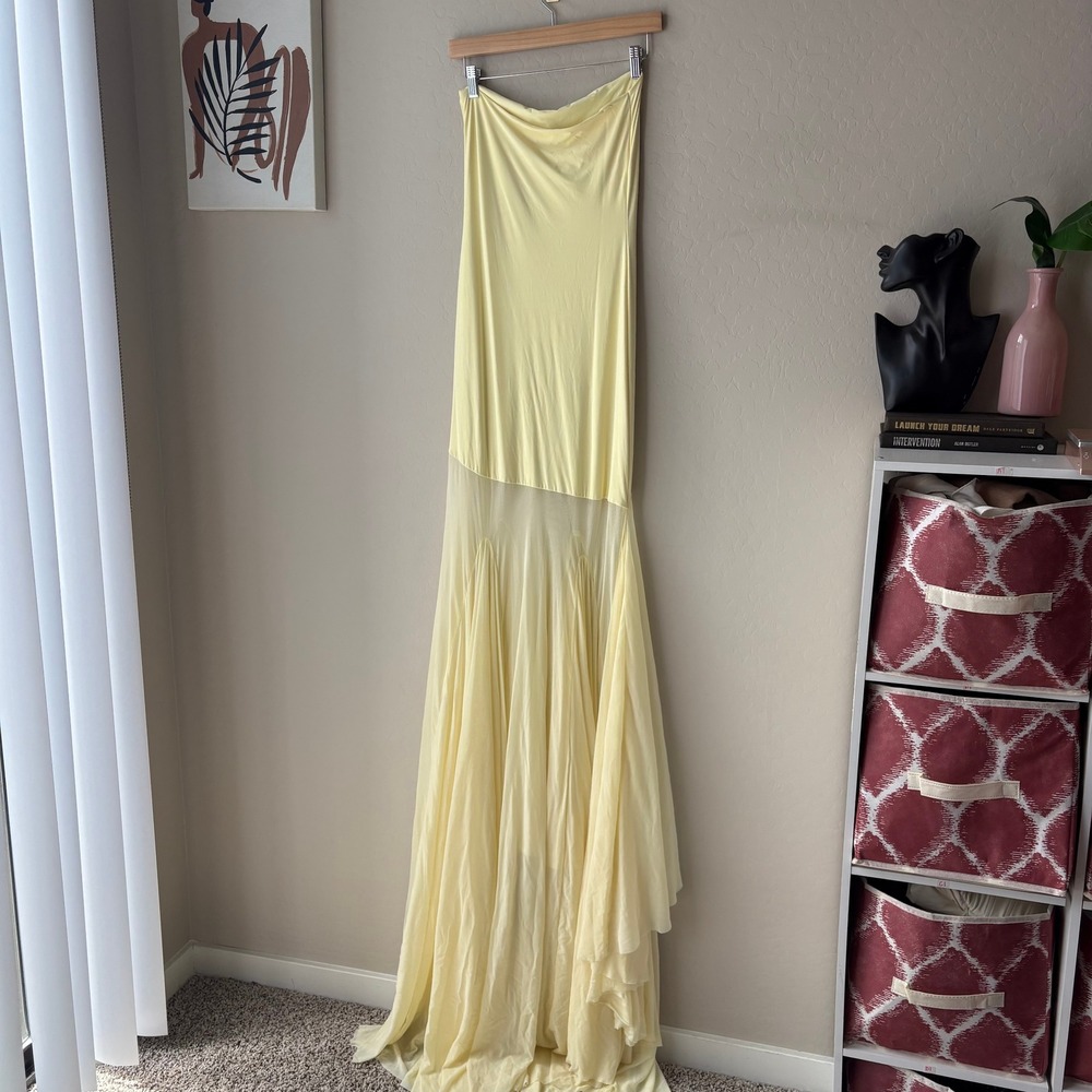Deme By Gabriella‎ Dahlia Butter Yellow Strapless Mesh Ruffle Maxi Dress Size M - Picture 8 of 10